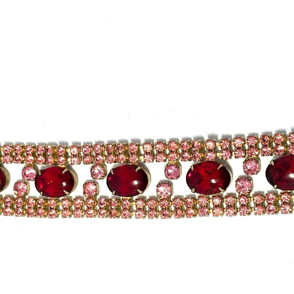 Vintage wide panel rhinestone bracelet, Siam red and pink prong-set crystals.